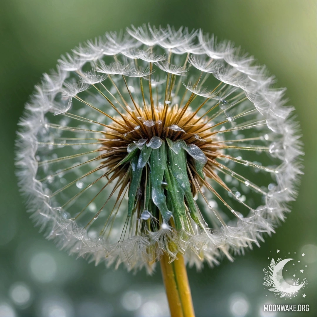 Спокойный одуванчик, покрытый морозом и украшенный сверкающими рыночками.