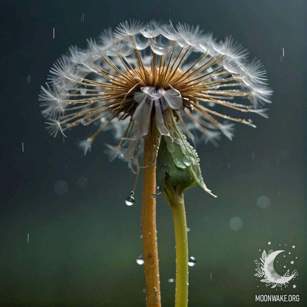 Спокойный одуванчик в тумане под дождем ночью, украшенный мятными стразами.