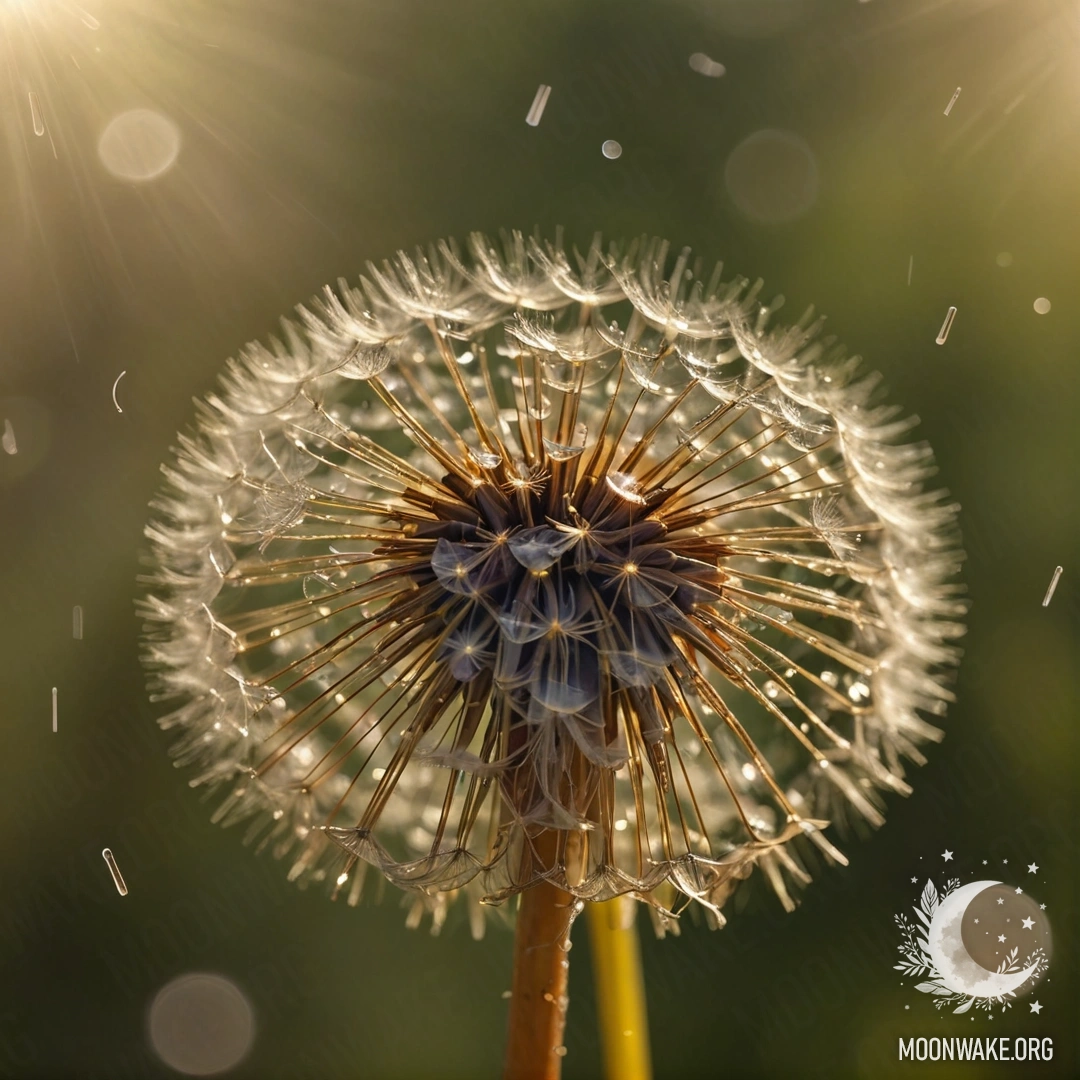Спокойный одуванчик, колышущийся под каплями дождя, в лучах солнца.