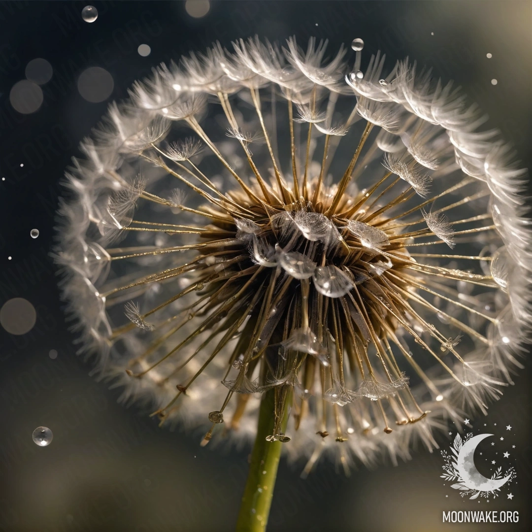 Нежный одуванчик с искрящимися каплями росы ночью, окруженный спокойной атмосферой.