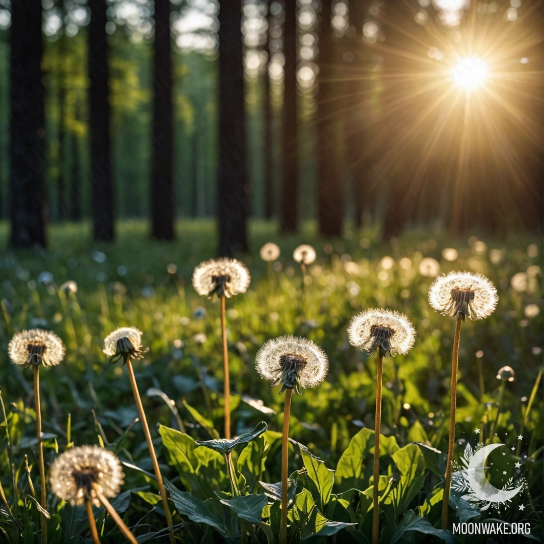 Крупный план одуванчиков в спокойном поле на фоне леса с боке и солнечными лучами ночью.