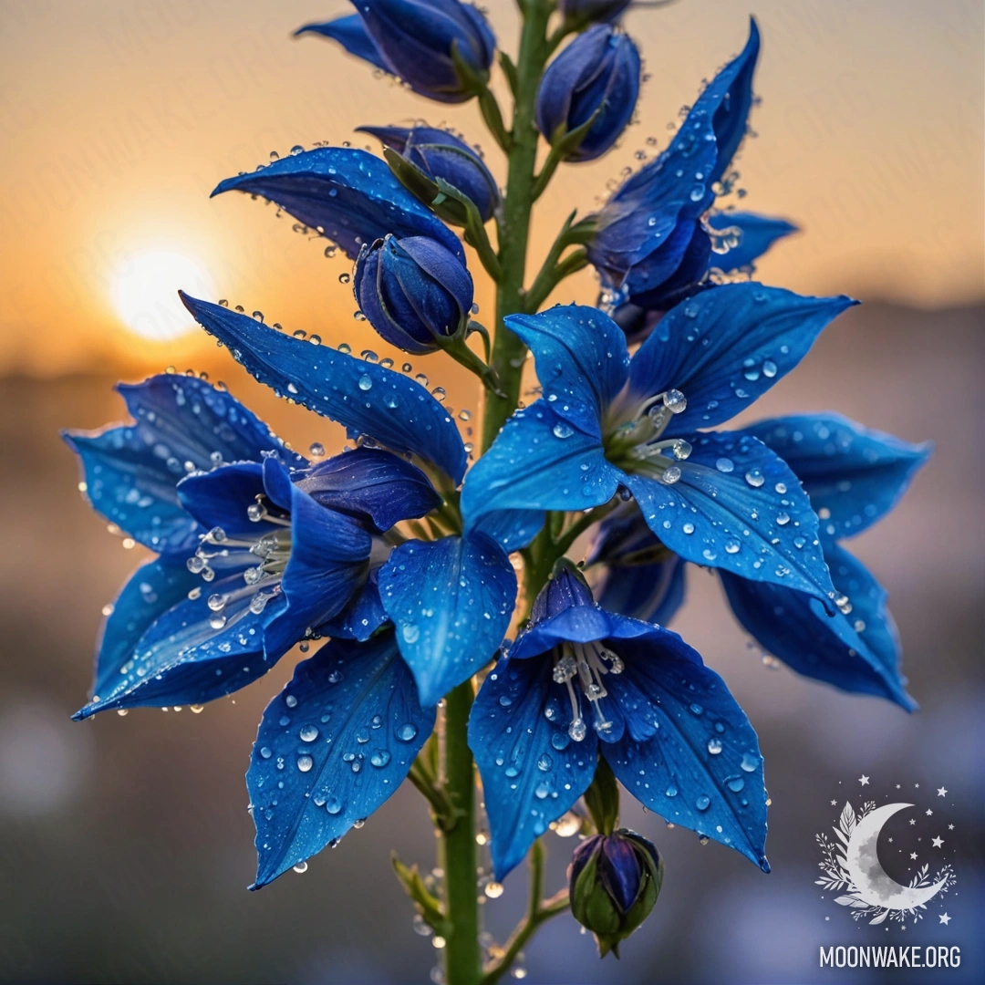 Спокойный делфиниум, покрытый каплями росы, мерцающий синими оттенками на закате.