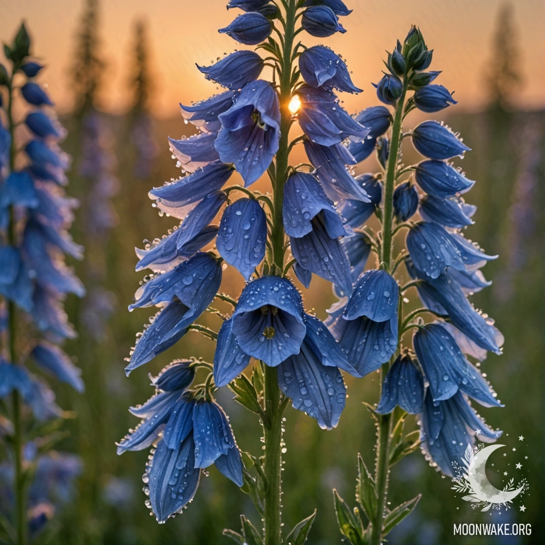 Спокойный делфиниум с каплями росы на фоне заката мяты.