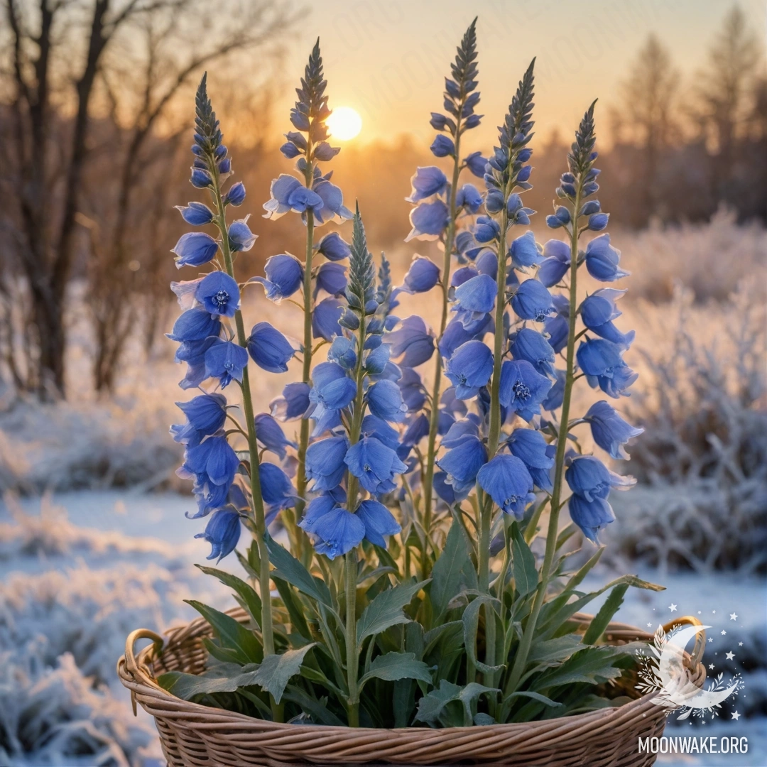 Нежный цветок делфиниума в корзине, покрытый инеем на закате.