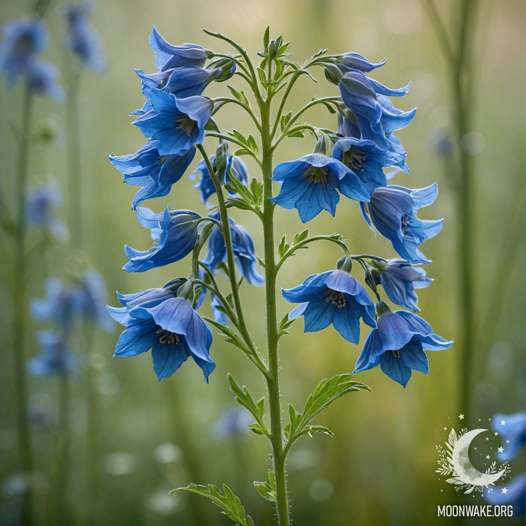 Спокойный цветок делфиниума в окружении туманной атмосферы, окрашенной в зелено-голубые тона.