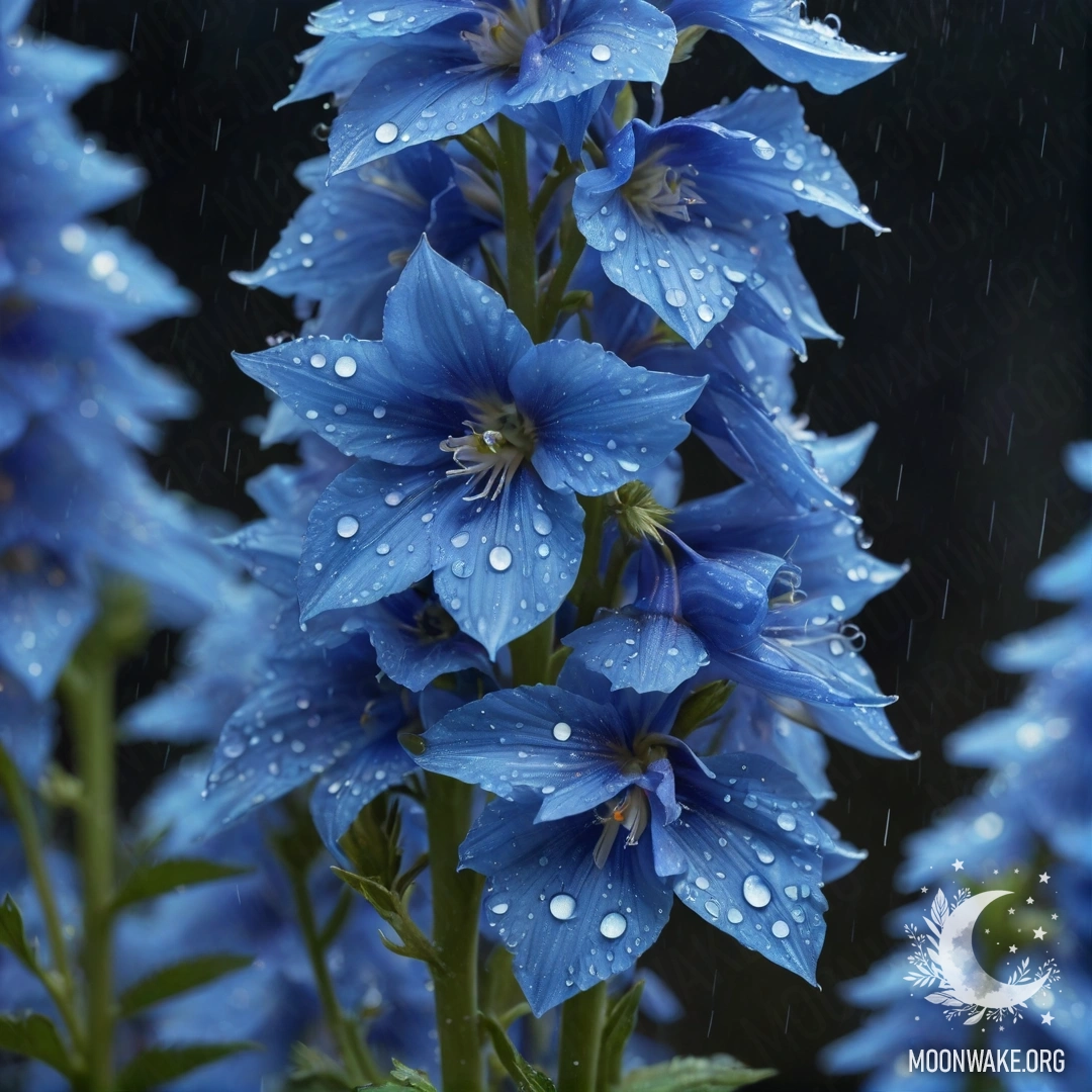 Спокойный аквамариновый цветок делфиния, пропитанный дождем ночью.