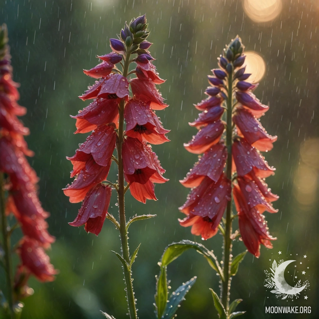 Спокойный красный делфиний, освещённый закатными оттенками, под нежным дождём и сверкающими каплями.