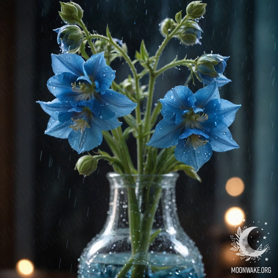 Спокойный делфиниум аквамаринового цвета в вазе, освещённый ночным дождём.