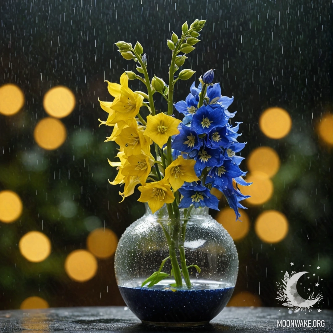 Желтая ваза с спокойными цветами делфиния под дождем ночью.