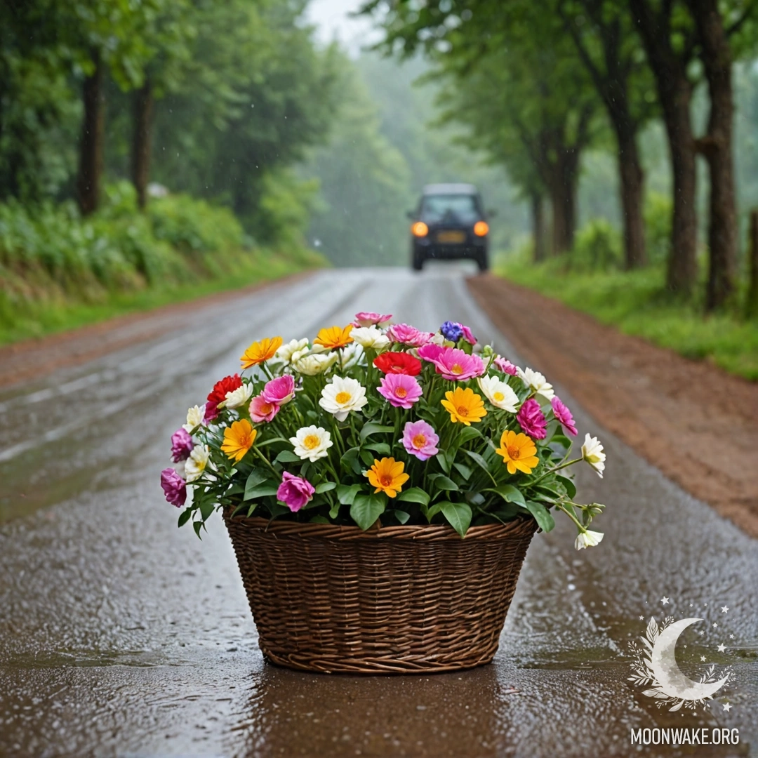Грунтовая дорога с корзиной цветов и размытыми деревьями под дождём.