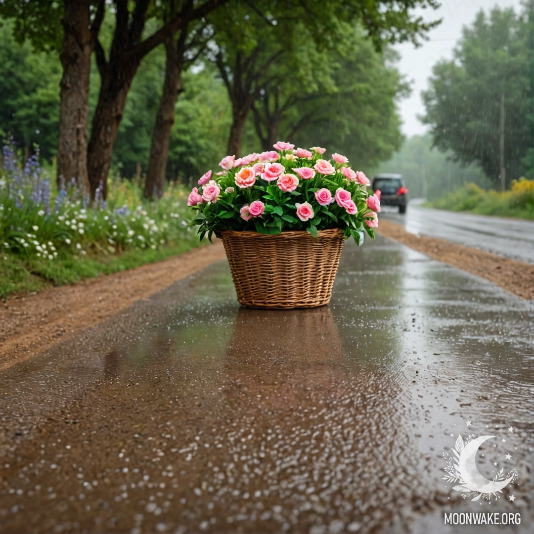 Спокойная земельная дорога с корзиной цветов, окруженной деревьями, с эффектом боке под дождем.