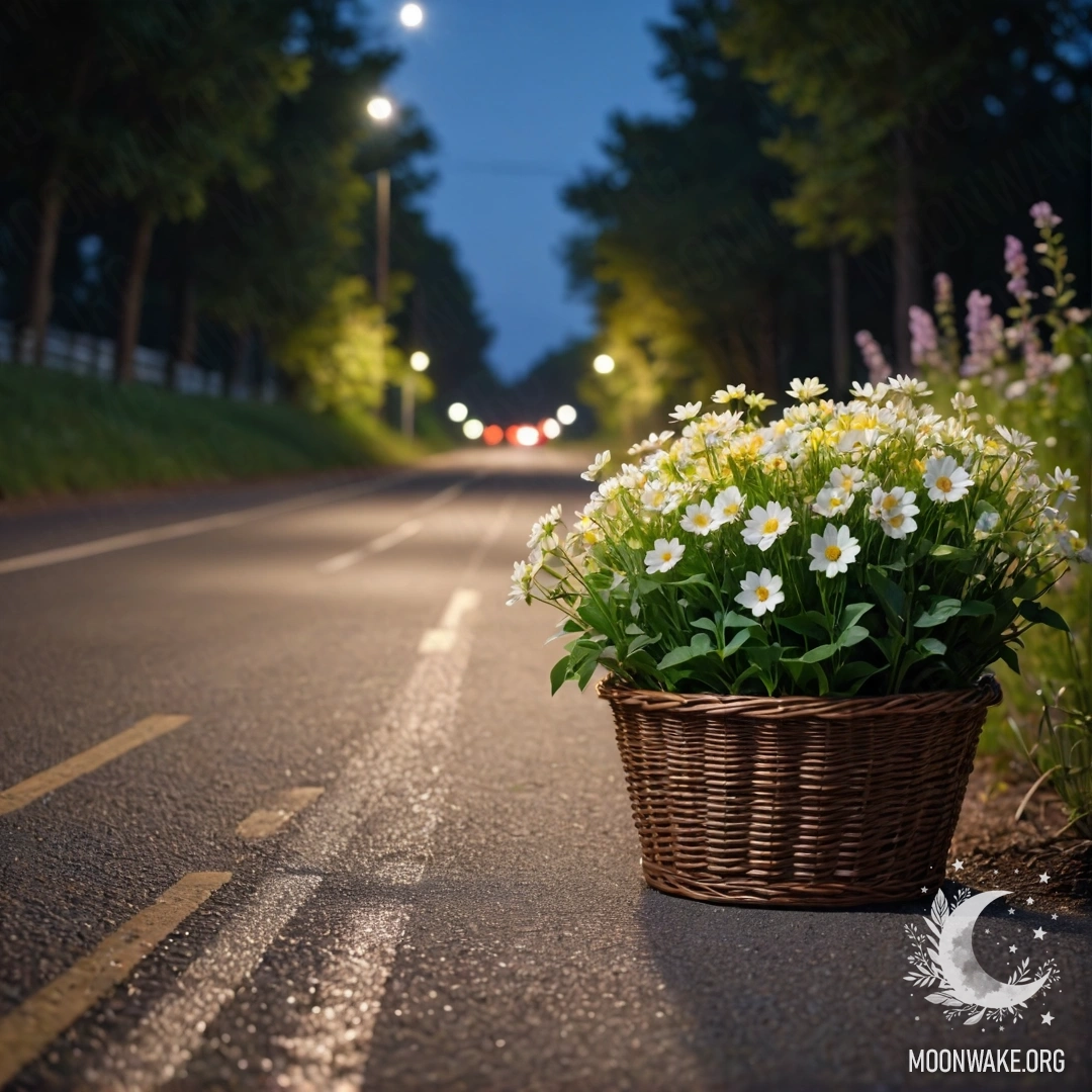 Спокойная грунтовая дорога с корзиной цветов посередине, окруженная деревьями ночью.