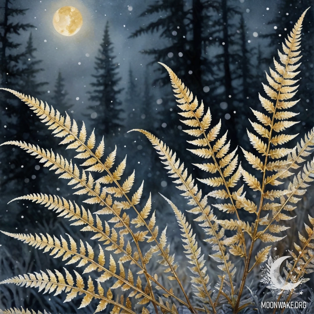 Акварельная картина папоротника, покрытого инеем ночью, сверкающего золотым блеском.
