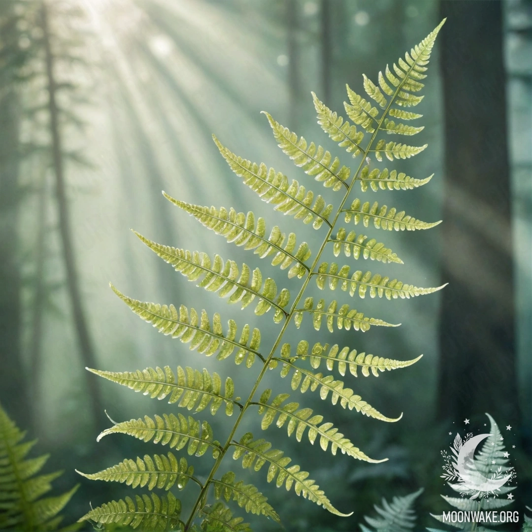 Спокойный аквамариновый папоротник, окруженный туманом и солнечными лучами, украшенный стразами.