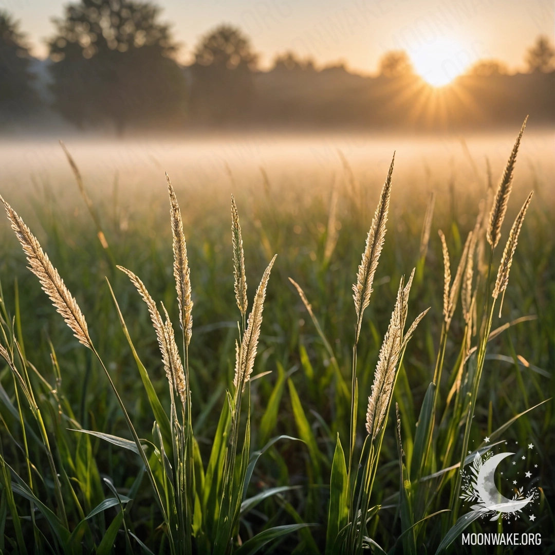 Крупный план травы на спокойном поле, размытый фон с туманом и закатом.