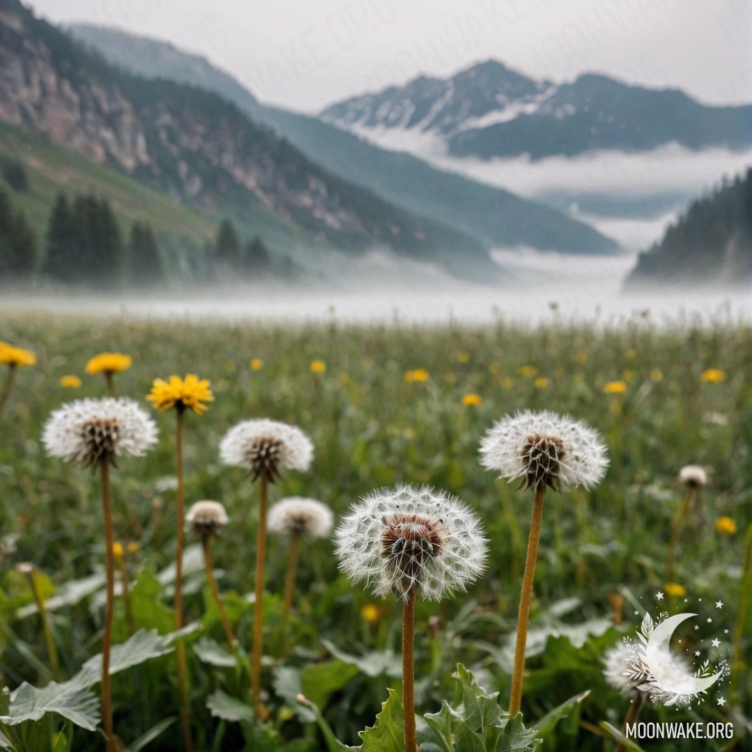 Крупный план одуванчиков на спокойном поле, окружённом густым туманом и горами на заднем плане.