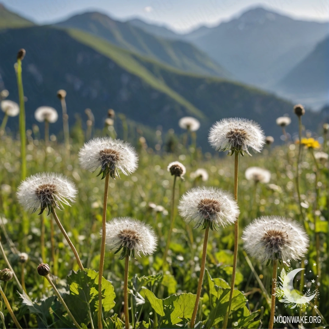 Крупный план одуванчиков на спокойном поле с размытым фоном гор.