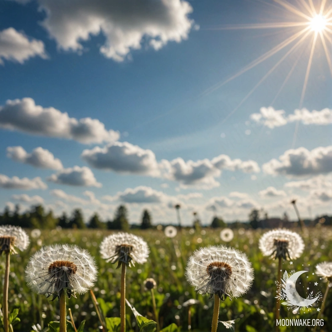 Макросъемка одуванчиков в спокойном поле под размытым небом с облаками и солнечными лучами.
