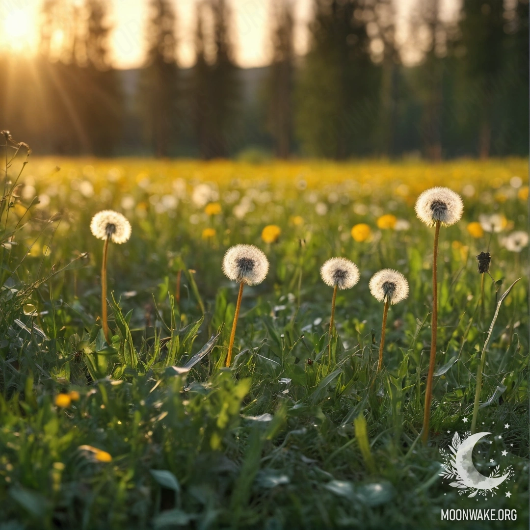 Крупный план одуванчиков с размытым фоном леса на закате.