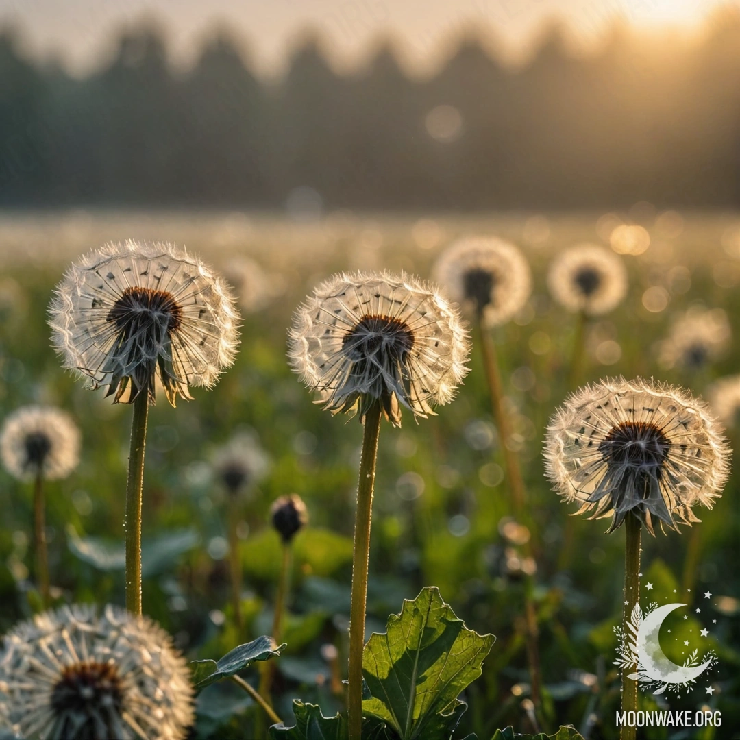 Крупный план одуванчиков на туманном поле во время заката, с размытым фоном.