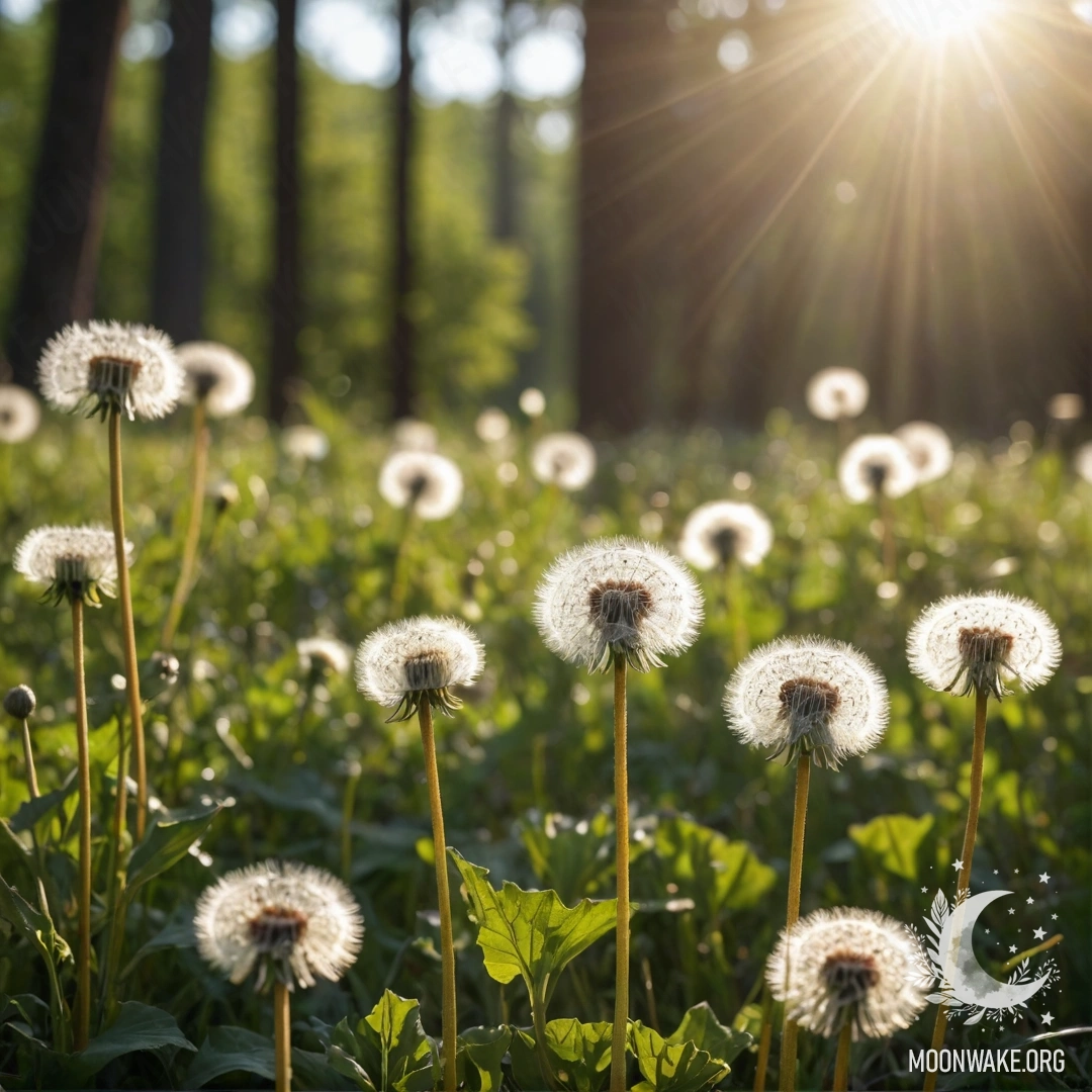 Крупный план нежных одуванчиков на спокойном поле, на фоне леса с размытым фоном и лучами солнца, проникающими сквозь листву.