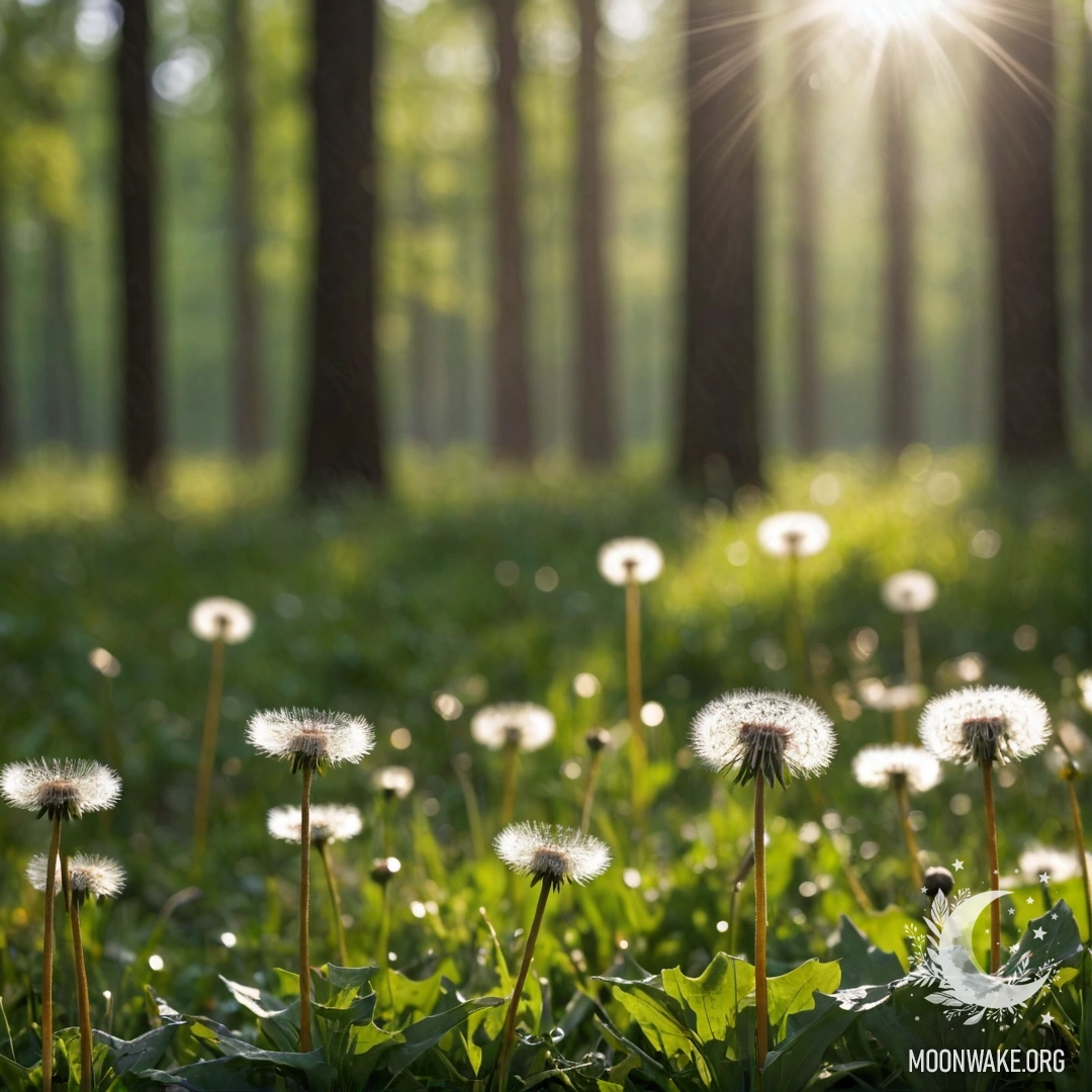 Крупный план тонких одуванчиков на спокойном поле, размытый лес на заднем плане с мягкими солнечными лучами, пробивающимися сквозь дождь.