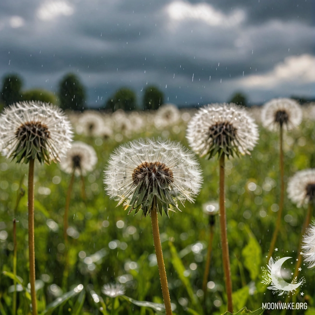Крупный план одуванчиков на спокойном поле с размытым небом.
