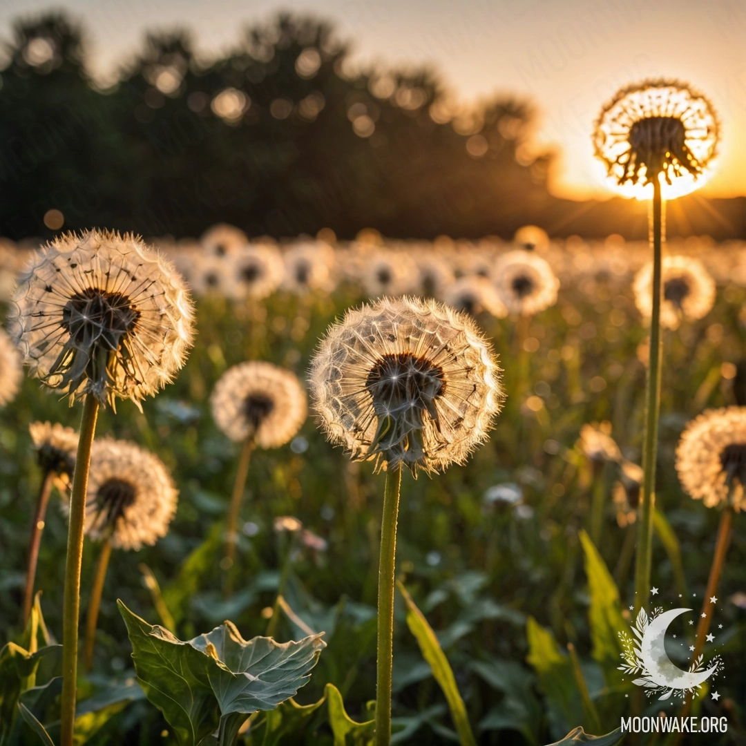 Макросъемка одуванчиков на фоне размытого заката с бликами света.