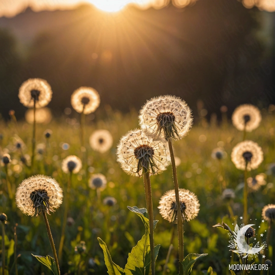 Крупный план одуванчиков на спокойном поле с размытыми цветами на фоне во время заката.