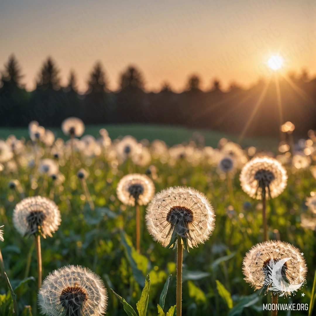 Крупный план одуванчиков на размытом фоне закатного неба