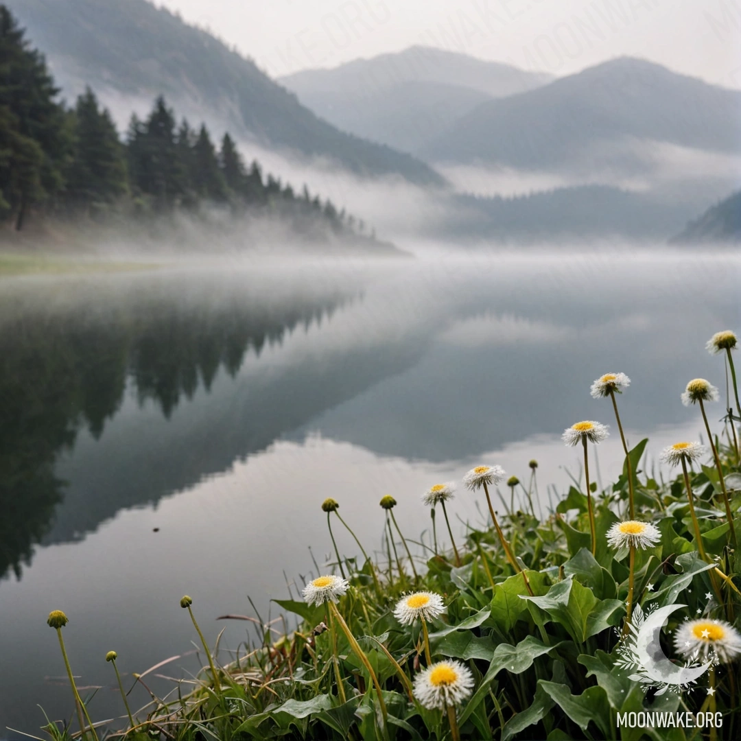 Крупный план одуванчиков на спокойном поле, на фоне туманного горного озера, окутанного густым туманом.