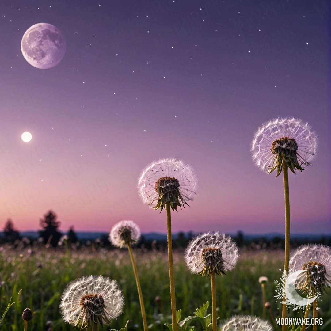 Крупный план одуванчиков на спокойном поле с розово-фиолетовым небом и луной.
