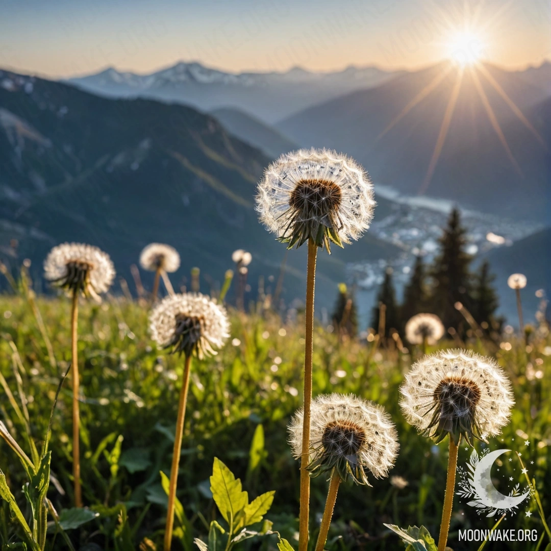 Крупный план одуванчиков на спокойном поле с размытыми горами на заднем плане.