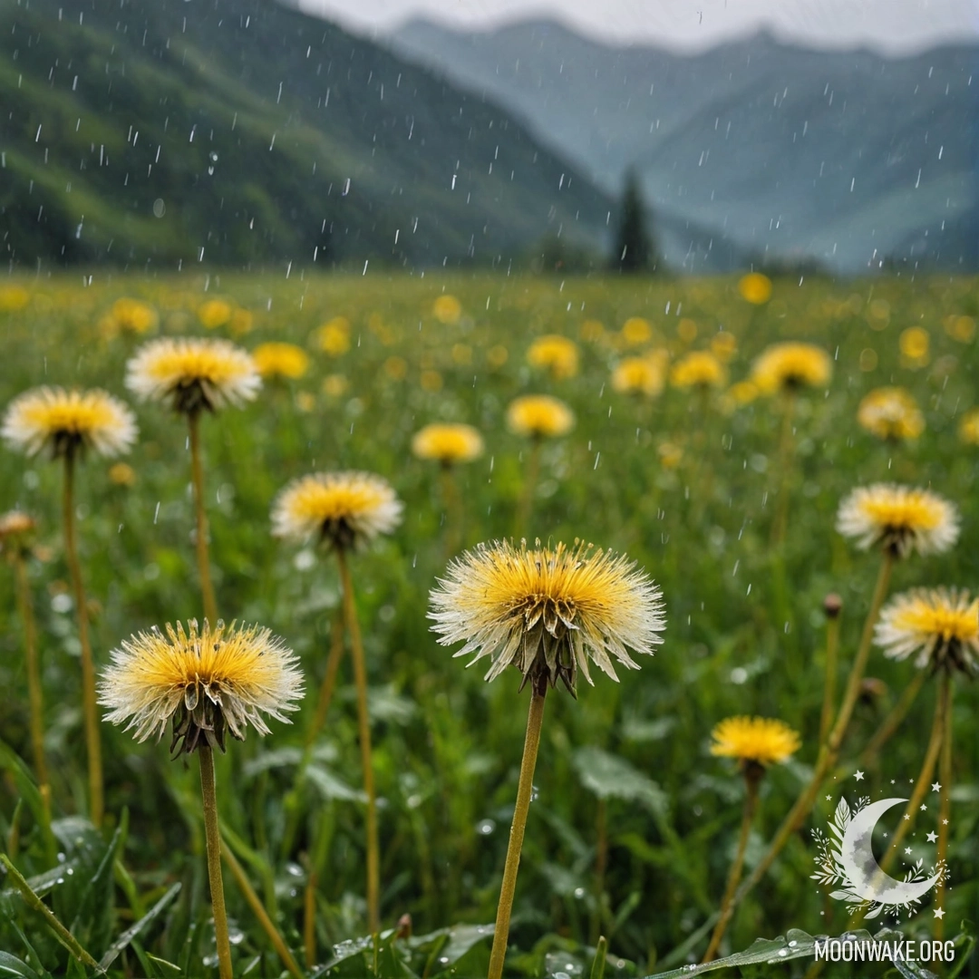 Крупный план одуванчиков на поле с горами на заднем плане под дождем.