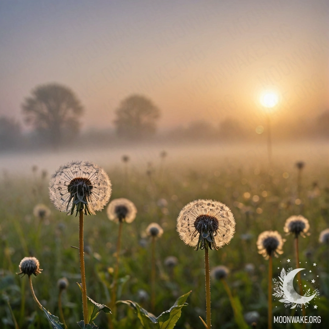 Крупный план одуванчиков на спокойном поле, размытый закат на фоне плотного тумана