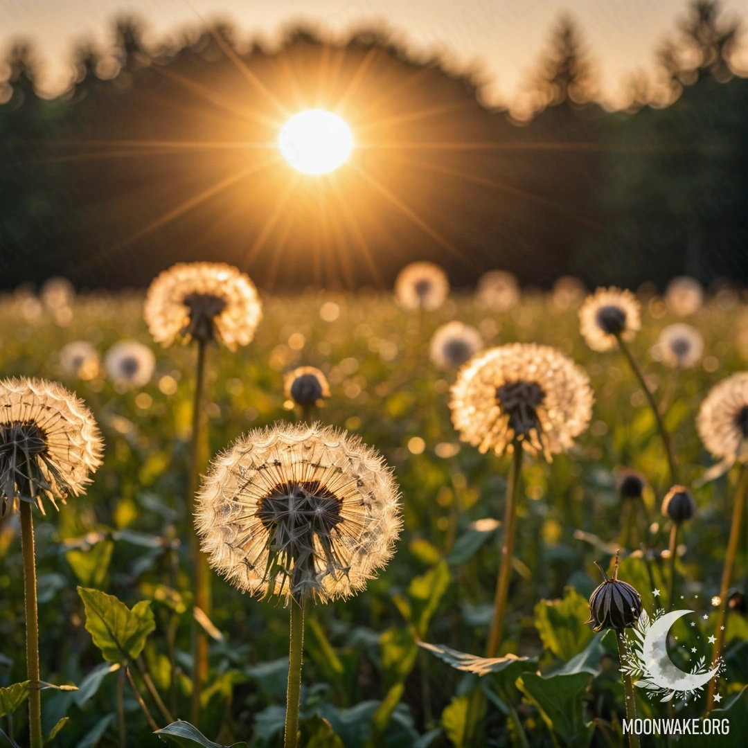 Крупный план одуванчиков на поле во время заката с эффектом боке.
