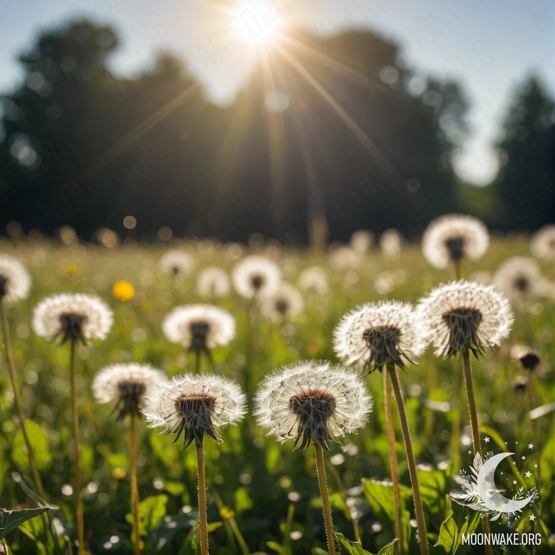 Ракурс, близкий к одуванчикам на поле, на фоне размытого неба.