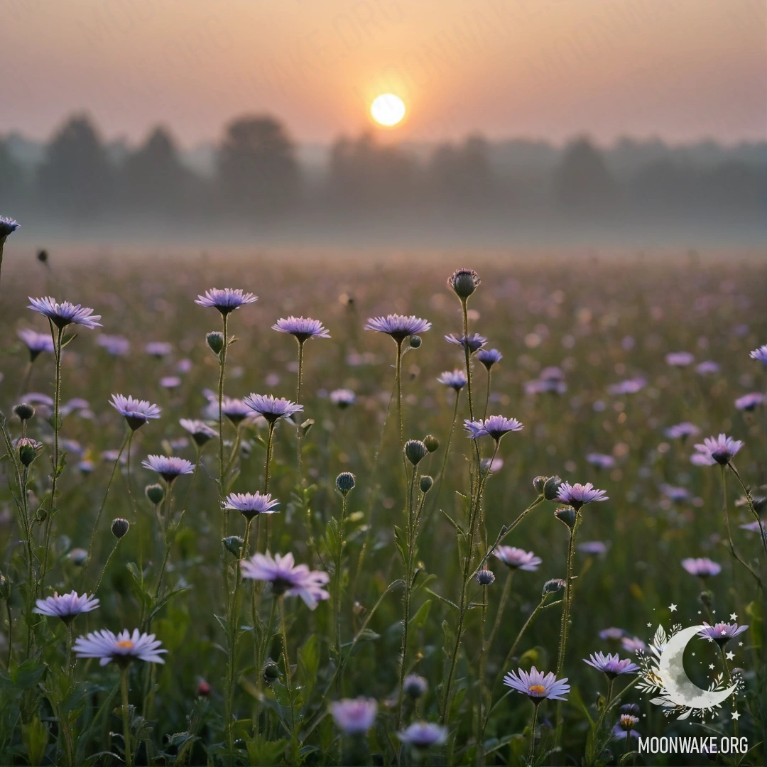 Ближний план цветов на туманном поле во время заката ночью.