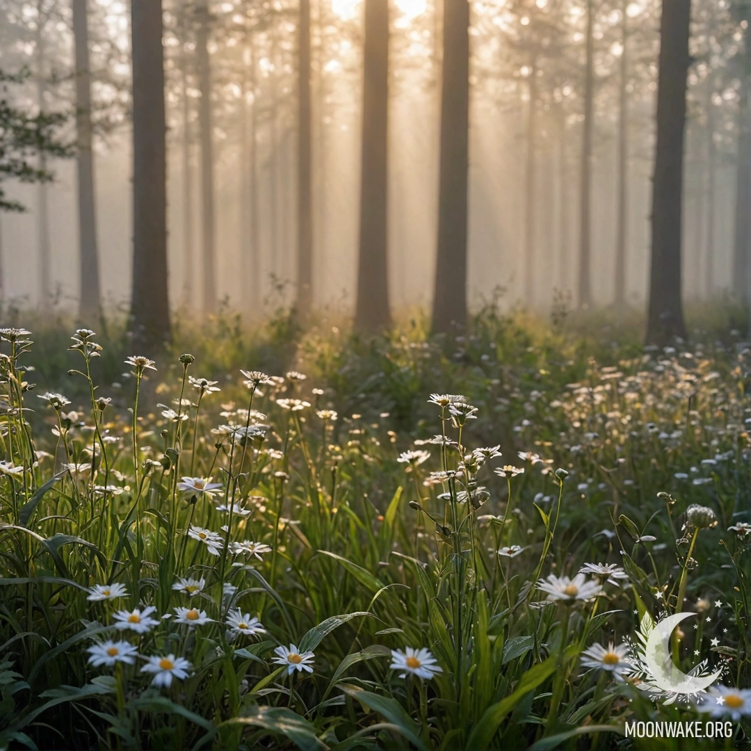 Крупный план цветов на спокойном поле с размытым лесным фоном и солнечными лучами, пробивающимися сквозь туман