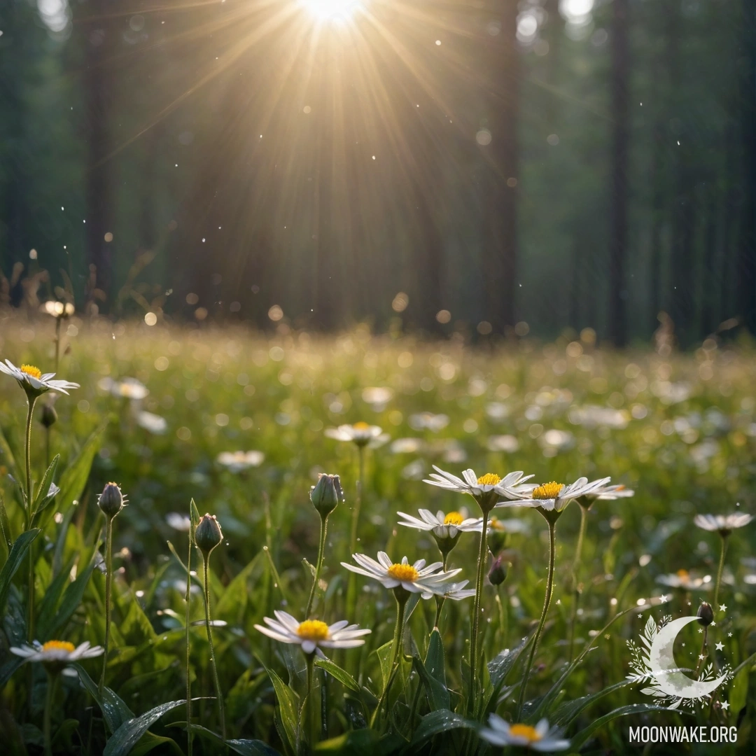 Крупный план ярких цветов на спокойном поле с размытой лесной задней фоном и солнечными лучами, пробивающимися через дождь.