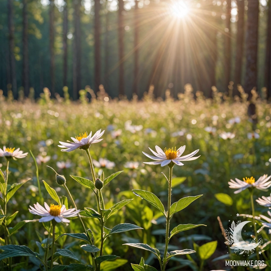 Близкий план ярких цветов на спокойном поле с размытым фоном леса и солнечными лучами, пробивающимися сквозь листву.
