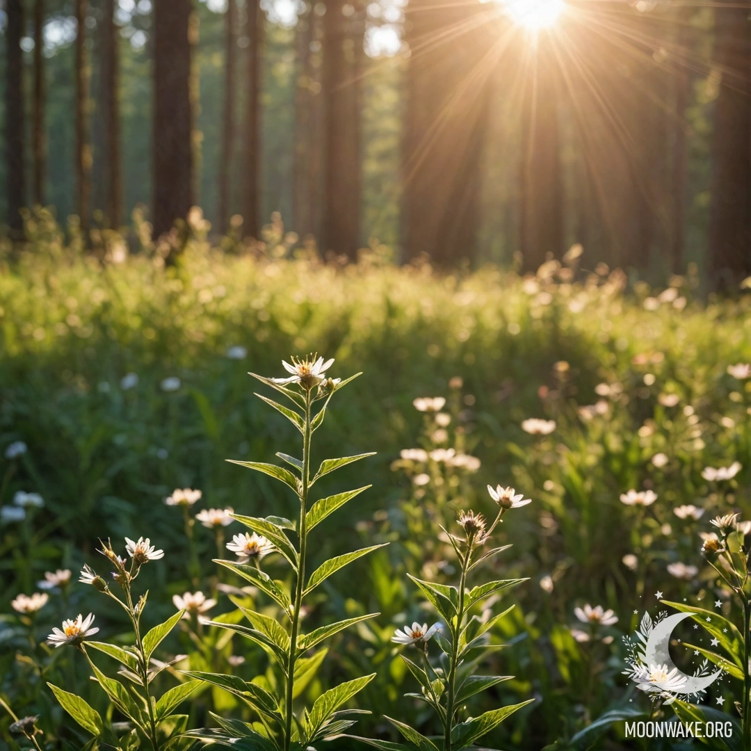 Крупный план цветных полевых цветов, освещенных солнечными лучами, на фоне размытом леса.