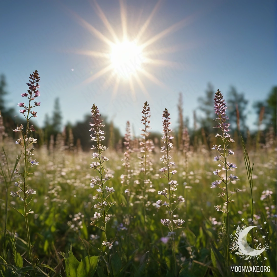Крупный план нежных цветов на спокойном поле с боке на фоне и солнечными лучами