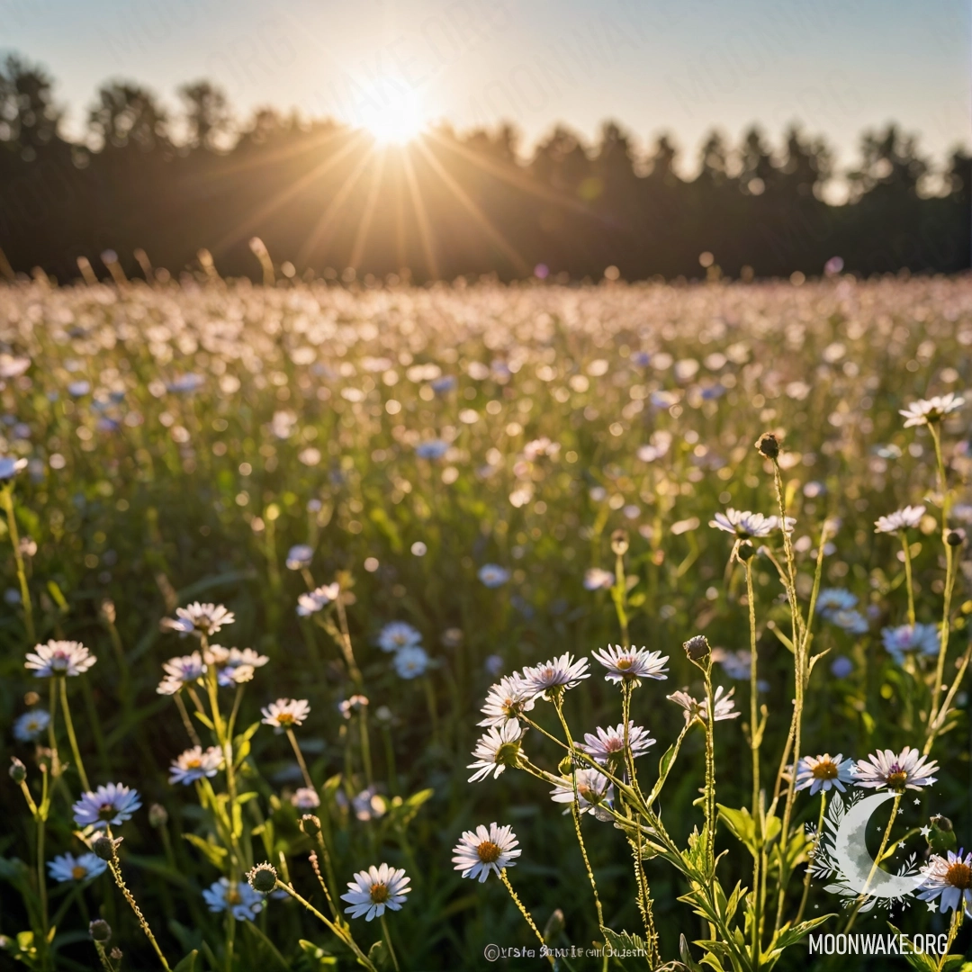 Крупный план ярких полевых цветов на фоне размытого неба с солнечными лучами.