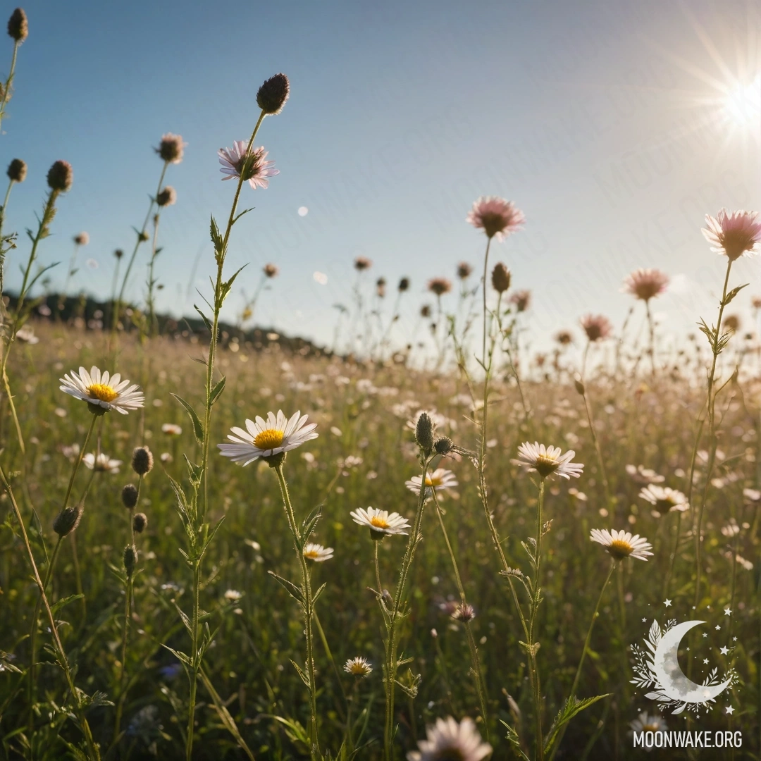Крупный план цветков на спокойном поле с размытым небом на фоне.