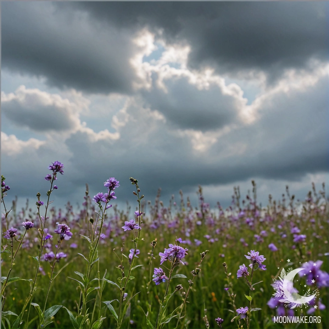 Крупный план цветных цветов на поле на фоне размытого неба с облаками и дождем.