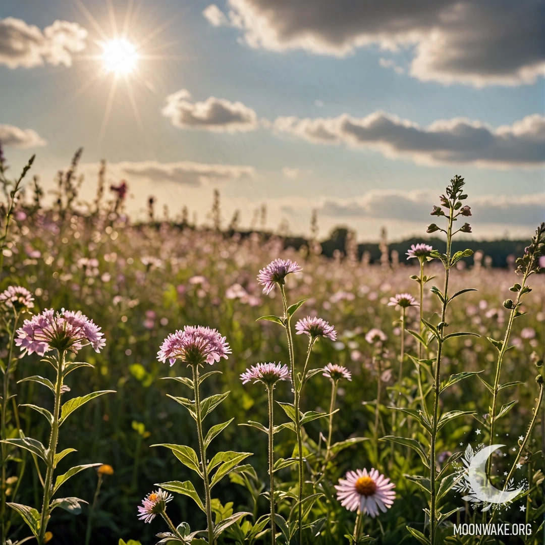 Крупный план ярких цветов на поле с размытым небом и облаками, освещёнными солнечными лучами.