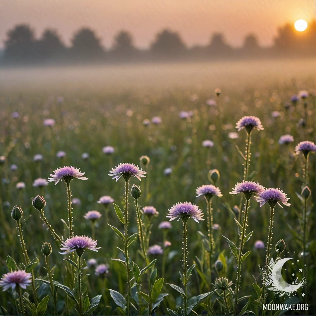 Близкий план нежных цветов в спокойном поле на фоне размытого заката в тумане с каплями дождя.
