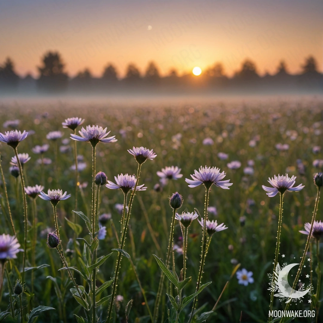 Крупный план цветных цветов на спокойном поле на фоне размытого изображения с туманом и свечение заката.