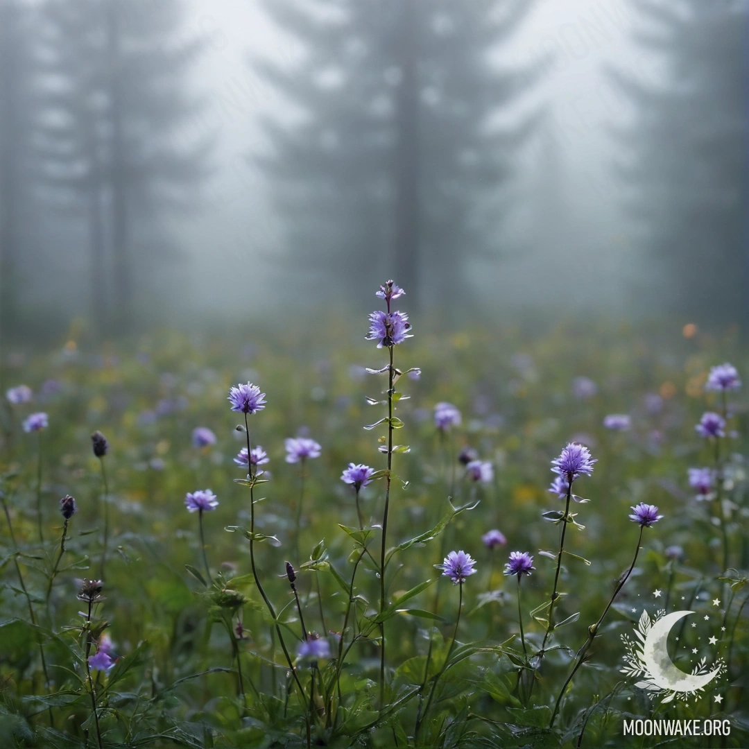Крупный план нежных цветов на спокойном поле с размытым лесом в густом тумане.
